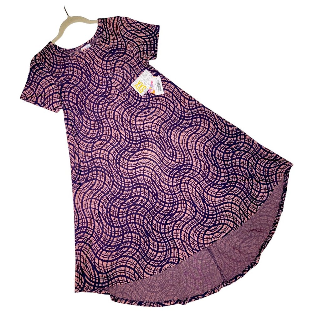 LuLaRoe Carly Dress XXS Wave Geo Purple Pink Jacquard High Low A-Line Swing
